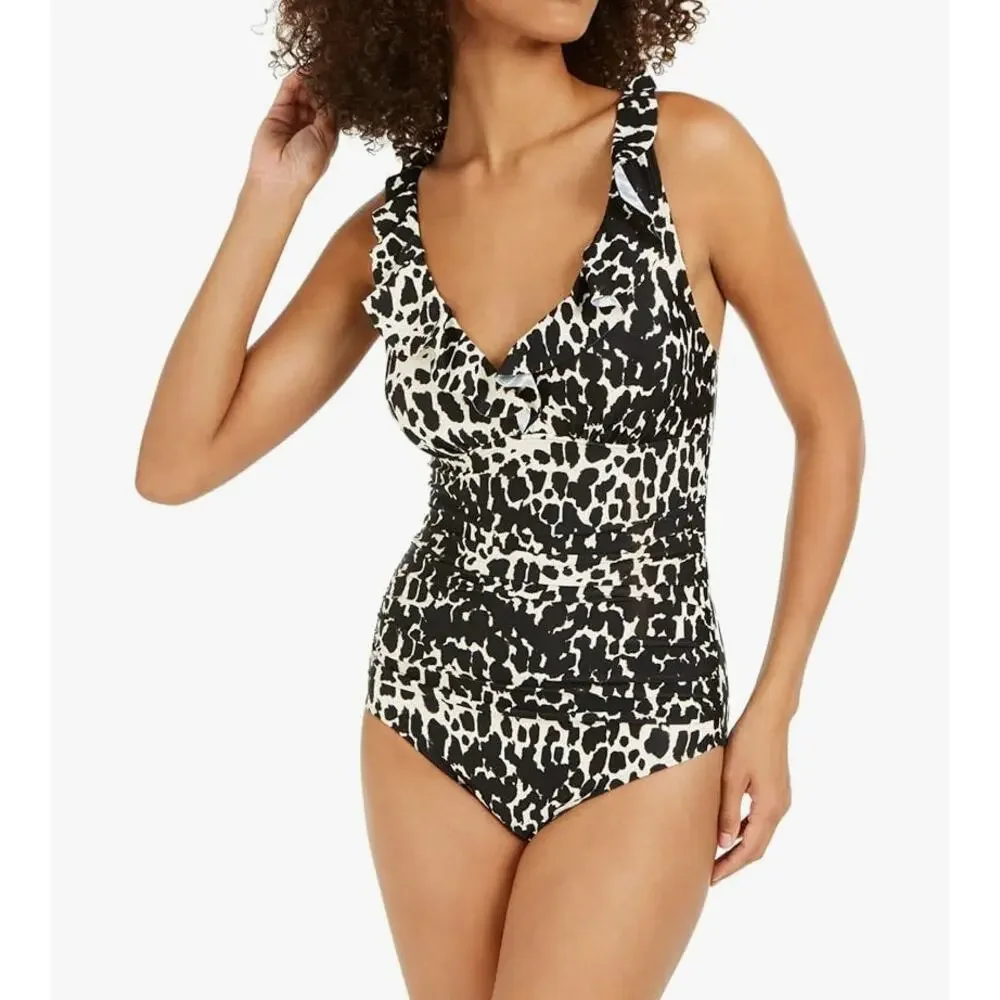 DKNY Women's Ruffle Plunge Underwire Tummy-Control OnePiece Swimsuit Size 18 EUC - Picture 1 of 4
